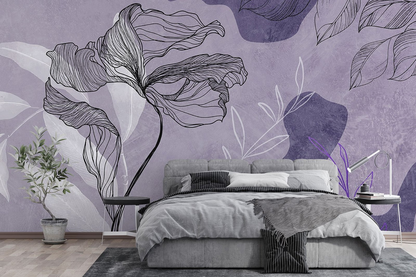 u71303v2pib6mr.jpg Papier peint – Fleur au trait noir sur fond mauve – Image 1