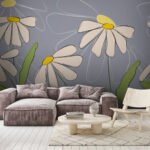 Papier peint – Marguerites dessinées sur fond gris