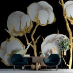 Papier peint – Fleurs blanches aux tiges dorées sur fond noir