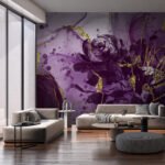 Papier peint – Fleurs violettes et branches dorées