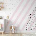 Papier peint – Rayures roses et petites taches noires