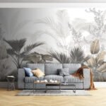Papier peint – Palmes blanches et grises dans la brume