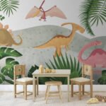 Papier peint – Dinosaures et feuillages tropicaux