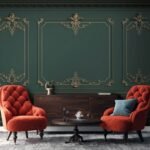 Papier peint – Moulures dorées sur fond vert sombre