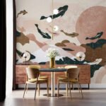 Papier peint – Poissons et formes abstraites rose et vert