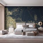 Papier peint – Fleurs au trait doré sur fond noir