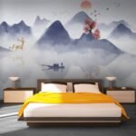 Papier peint – Montagnes asiatiques bleues et barque