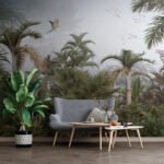 Papier peint – Palmiers et oiseaux dans une jungle douce