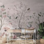 Papier peint – Oiseaux sur branches fleuries roses