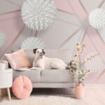 Papier peint – Sphères blanches et polygones roses