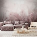 Papier peint – Palmes roses sur fond gris doux