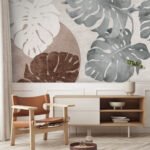 Papier peint – Feuilles tropicales gris, beige et brun