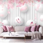 Papier peint – Papillons roses et sphères blanches
