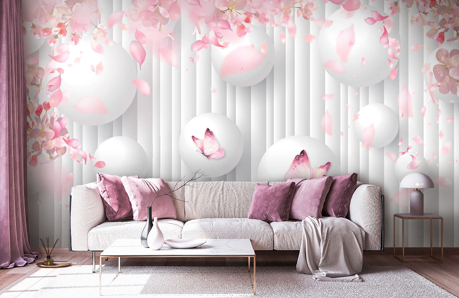 u74222pig1m.jpg Papier peint – Papillons roses et sphères blanches – Image 1