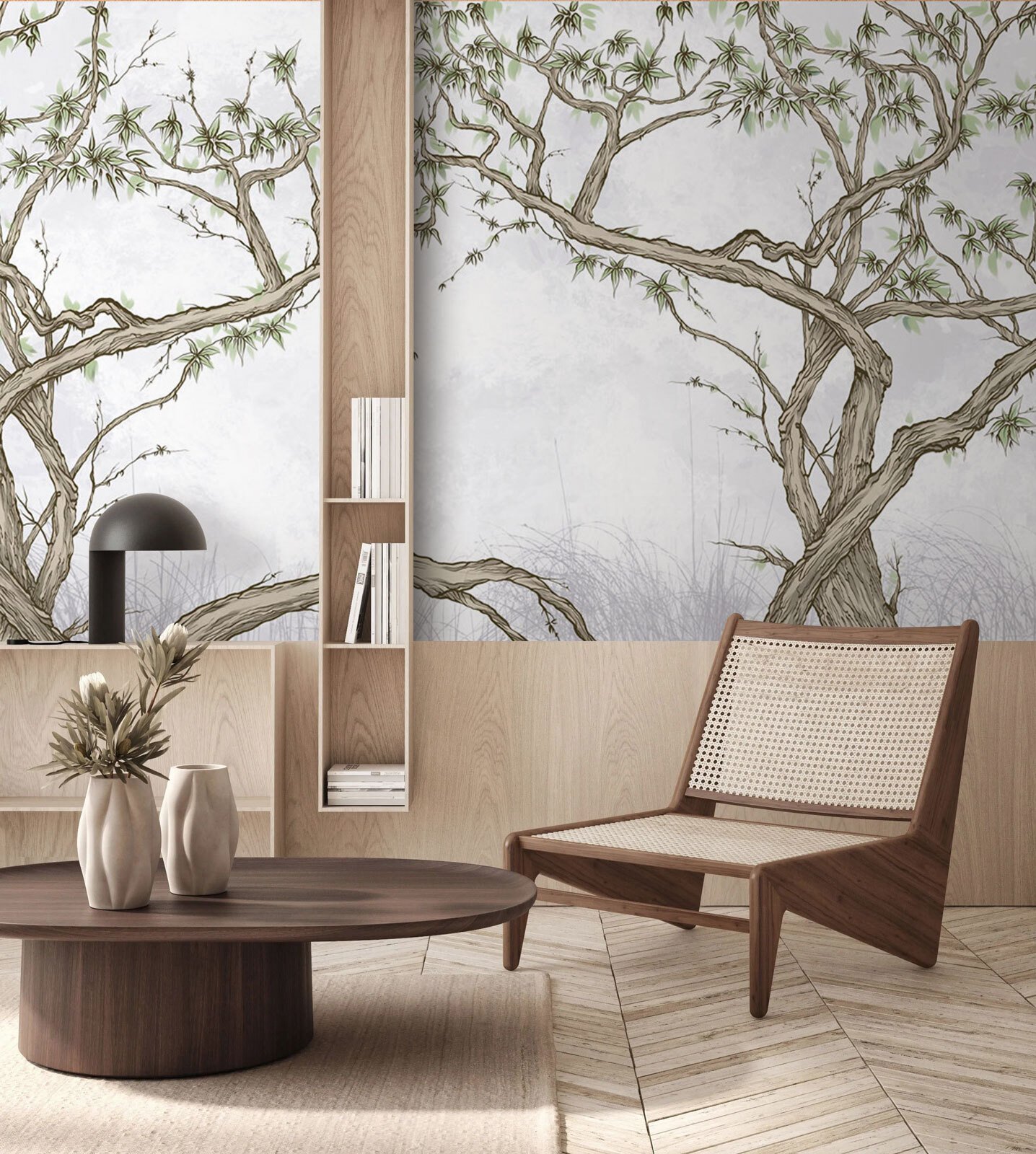 u74539pih1m.jpg Papier peint – Branches d’arbres vertes au dessin fin – Image 1