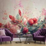 Papier peint – Bouquet rouge et feuillage en aquarelle