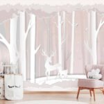 Papier peint – Forêt blanche sur fond rose