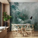 Papier peint – Feuillage tropical bleu canard sur fond patiné