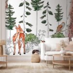 Papier peint – Animaux de la forêt et sapins
