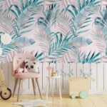 Papier peint – Palmes turquoise sur fond rose