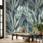Papier peint – Palmes vertes sur fond bleu nuit