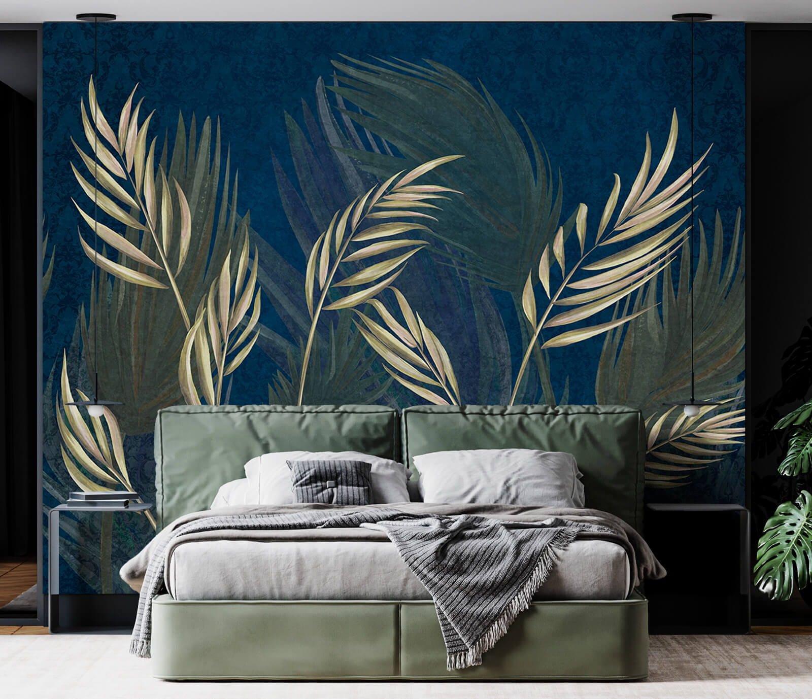 u80092pib1m.jpg Papier peint – Feuilles dorées sur fond bleu nuit – Image 1