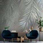 Papier peint – Palmes blanches au trait sur fond gris