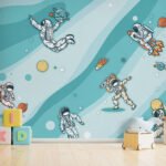 Papier peint – Astronautes sur fond turquoise rayé