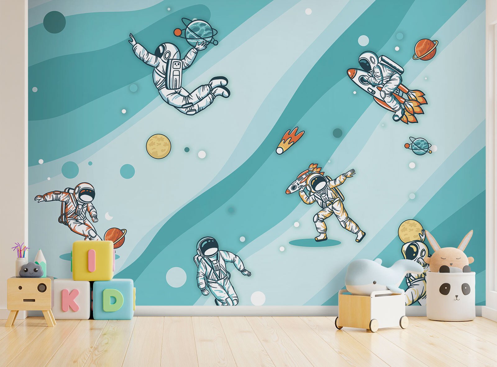 u93758pir1m.jpg Papier peint – Astronautes sur fond turquoise rayé – Image 1