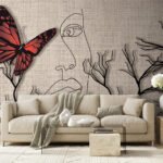 Papier peint – Visage au trait et papillon rouge
