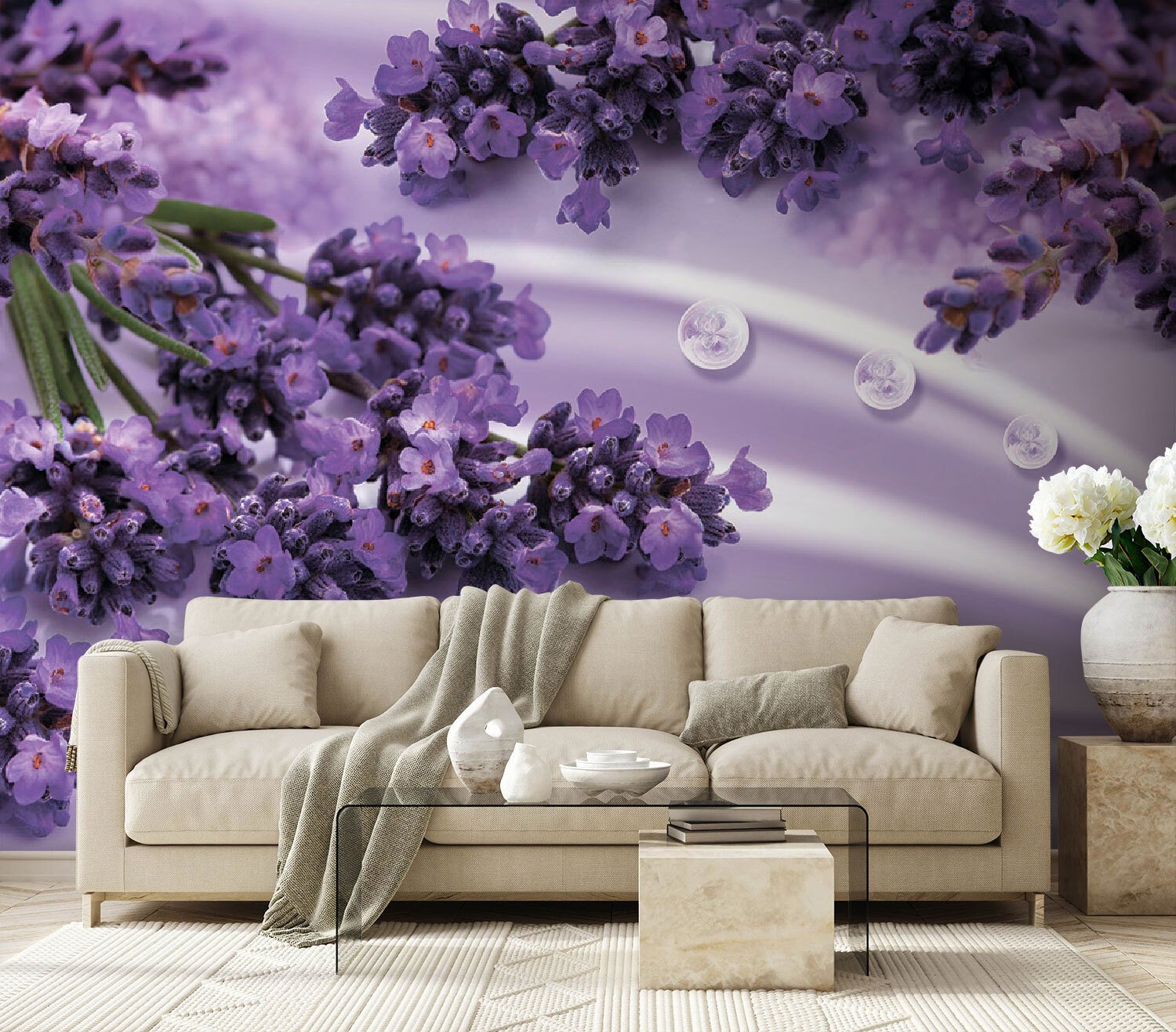 u93798pig1m.jpg Papier peint – Fleurs violettes et vagues décoratives – Image 1