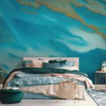 Papier peint – Marbre turquoise aux veines dorées