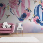 Papier peint – Montgolfières fleuries roses et bleues
