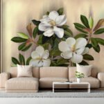 Papier peint – Fleurs blanches et feuilles vertes en relief