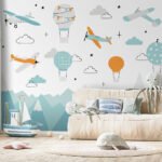Papier peint – Avions, montgolfières et montagnes pastel