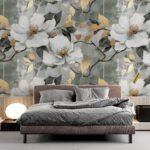 Papier peint – Fleurs blanches et feuillage gris et jaune