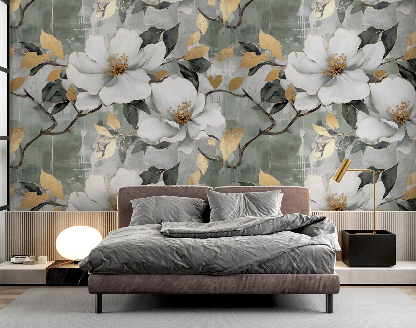 u95852pib1m.jpg Papier peint – Fleurs blanches et feuillage gris et jaune – Image 1