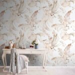 Papier peint – Motif floral rose et beige sur fond blanc