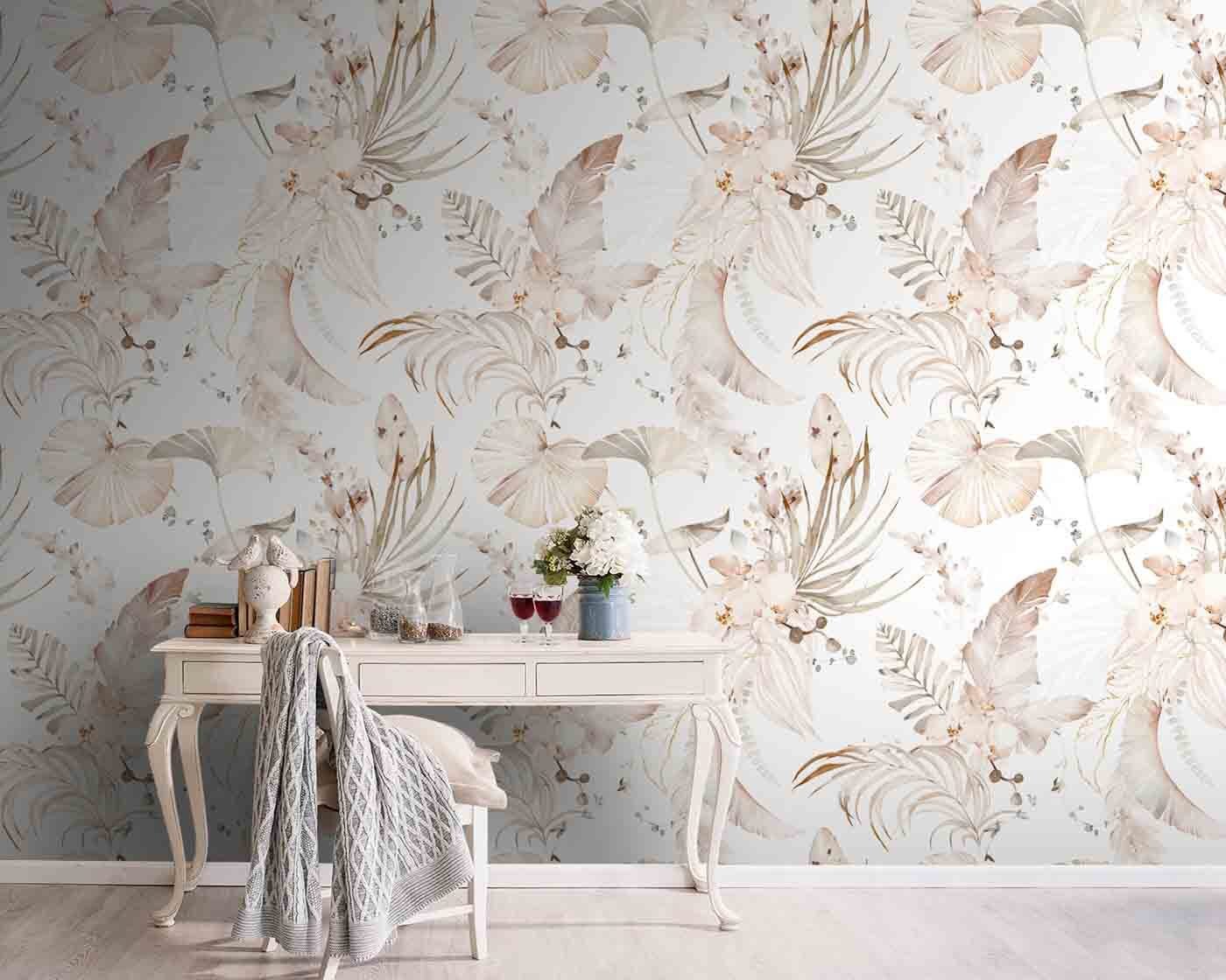 u96322pig5m.jpg Papier peint – Motif floral rose et beige sur fond blanc – Image 1