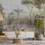 Papier peint – Jardin classique et fontaine
