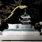 Papier peint – Pagode et branches dorées sur fond noir
