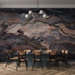 Papier peint – Marbre noir et beige aux veines ondulées