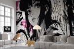 Papier peint – Portrait manga en noir et blanc