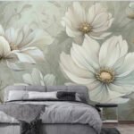 Papier peint – Fleurs blanches sur fond vert doux – W01808