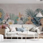 Papier peint – Fleurs pastel et palmes vertes