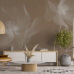 Papier peint – Fleurs blanches au trait sur fond taupe