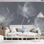 Papier peint – Fleurs blanches transparentes sur fond gris