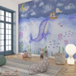 Papier peint – Licorne bleue et paysage étoilé