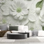 Papier peint – Marguerites blanches aux cœurs verts en relief