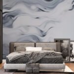 Papier peint – Volutes noires et grises sur fond blanc